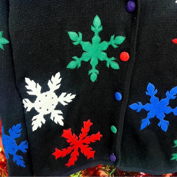 Vintage Marisa Christina black cardigan sweater with colorful snowflakes - Picture 2 of 5